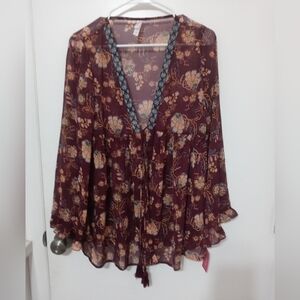 Xhileration long bell cuff Sheer Floral Lingerie Cover Up Tassel Ties